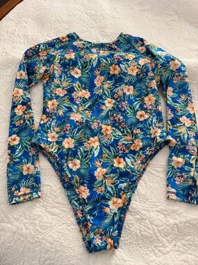 Kulani Kinis Blue Tropical Floral Long-Sleeve surf swimsuit